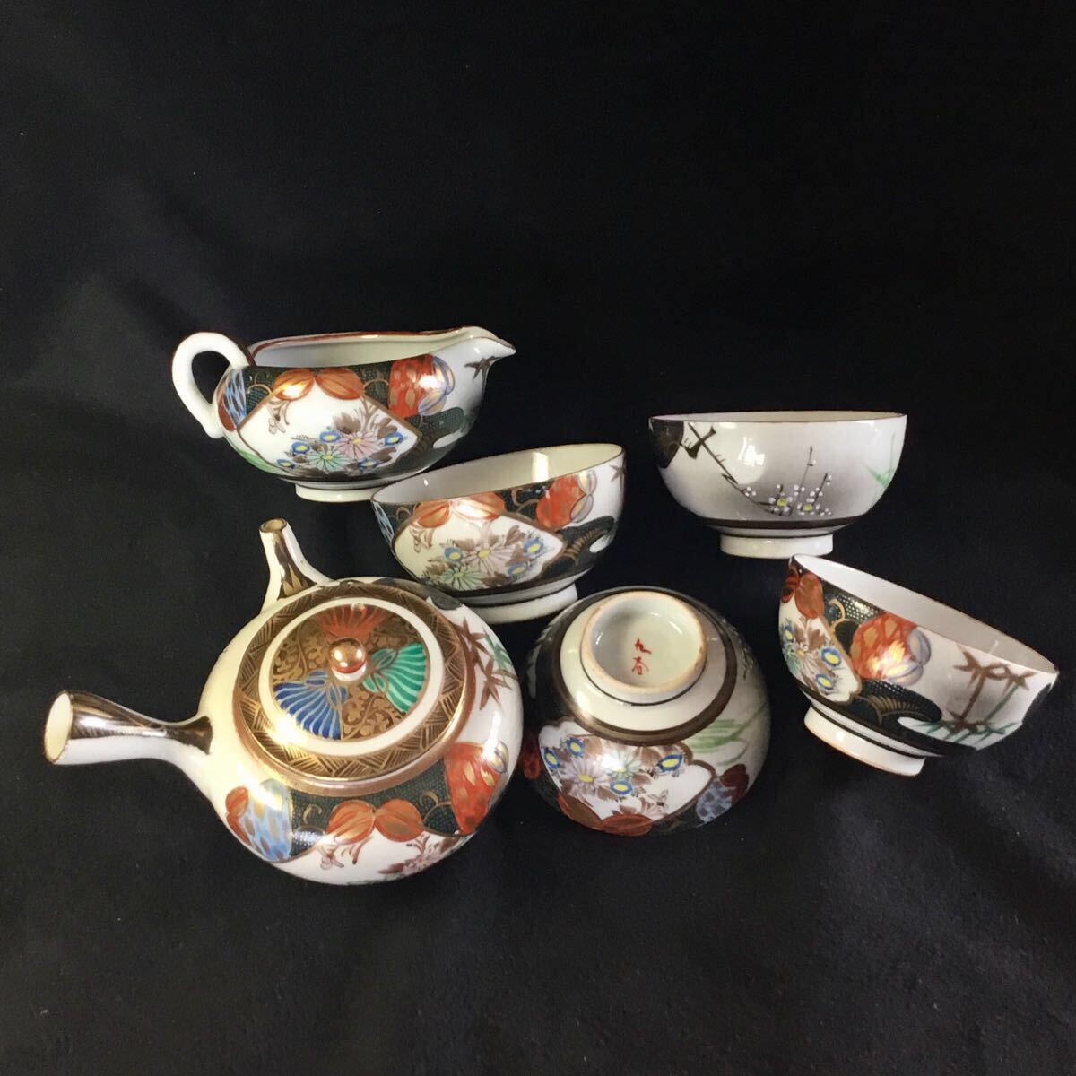 九谷焼 色絵 金彩 煎茶道具 急須 湯冷まし 湯呑 四客 手描き 九谷焼 庄