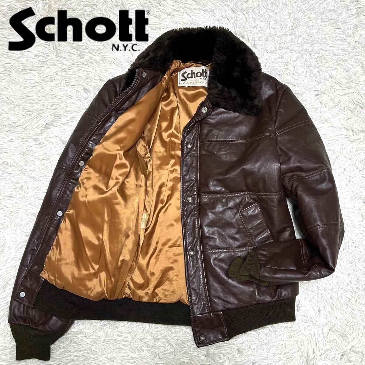 美品■schott ダウンジャケット　モーターサイクル　羊革　ブラウン　XL 1円【極美品 定価10万相当】Schott ショット ダウンジャケット ボマー