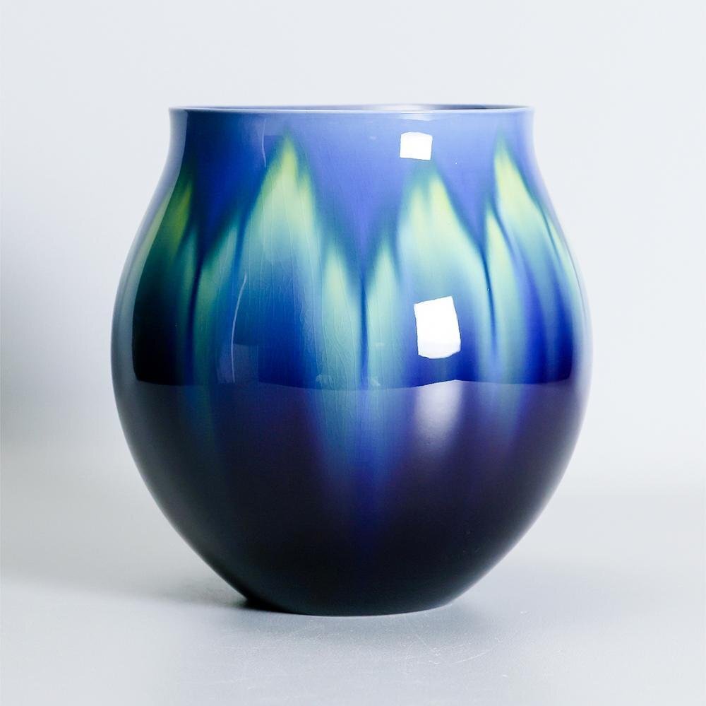 【真作】【WISH】三代徳田八十吉「碧明釉 花器」九谷焼 共箱 高さ22.5cm 花入 名品　　〇人間国宝 彩釉磁器巨匠 #24106033_2