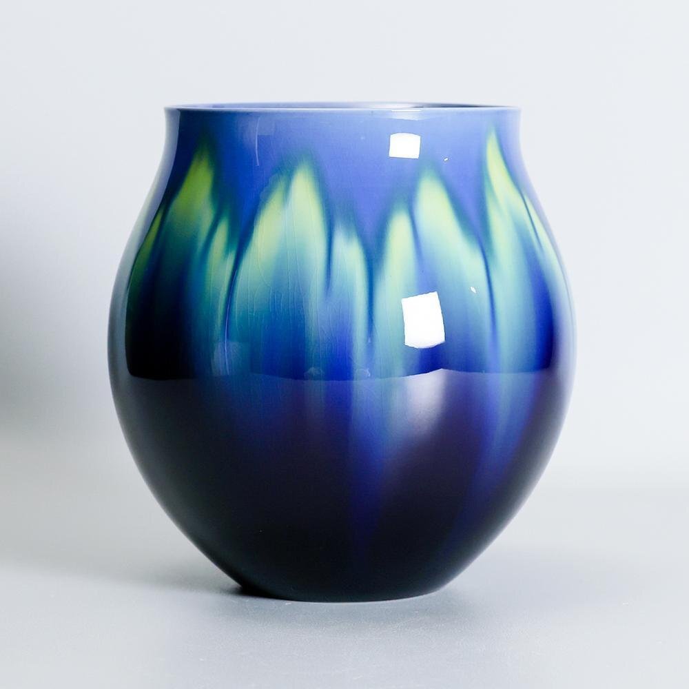【真作】【WISH】三代徳田八十吉「碧明釉 花器」九谷焼 共箱 高さ22.5cm 花入 名品　　〇人間国宝 彩釉磁器巨匠 #24106033_3