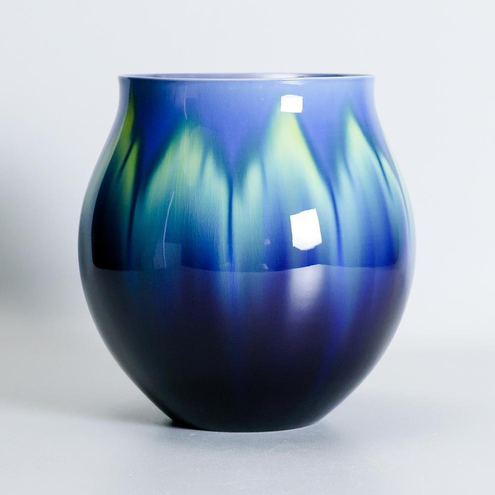 【真作】【WISH】三代徳田八十吉「碧明釉 花器」九谷焼 共箱 高さ22.5cm 花入 名品　　〇人間国宝 彩釉磁器巨匠 #24106033_4
