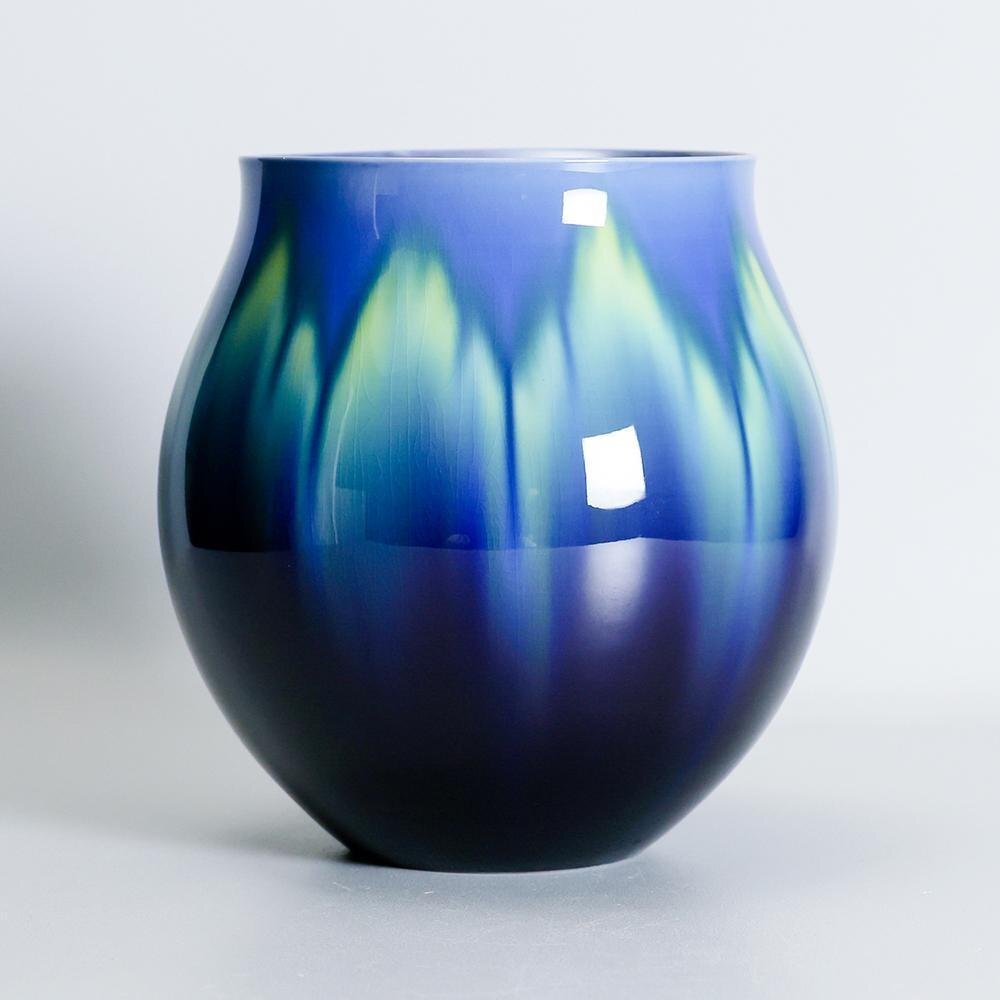 【真作】【WISH】三代徳田八十吉「碧明釉 花器」九谷焼 共箱 高さ22.5cm 花入 名品　　〇人間国宝 彩釉磁器巨匠 #24106033_5