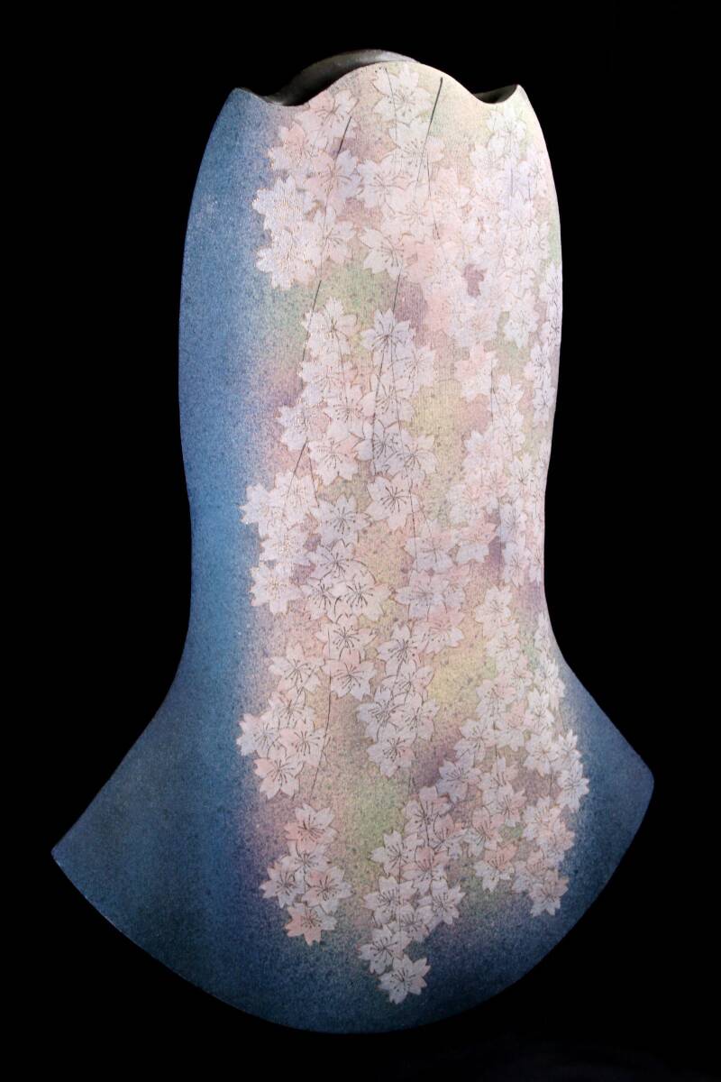 欟】 現代名工 島田恭子 益子焼 布目金彩桜文花瓶 特大55cm 壷 花入