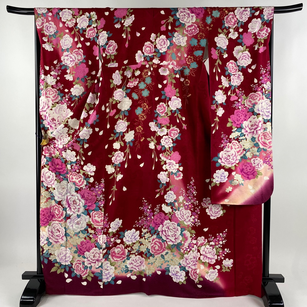 振袖 身丈168cm 裄丈67.5cm L 袷 桂由美 落款 薔薇 草花 箔 金銀彩