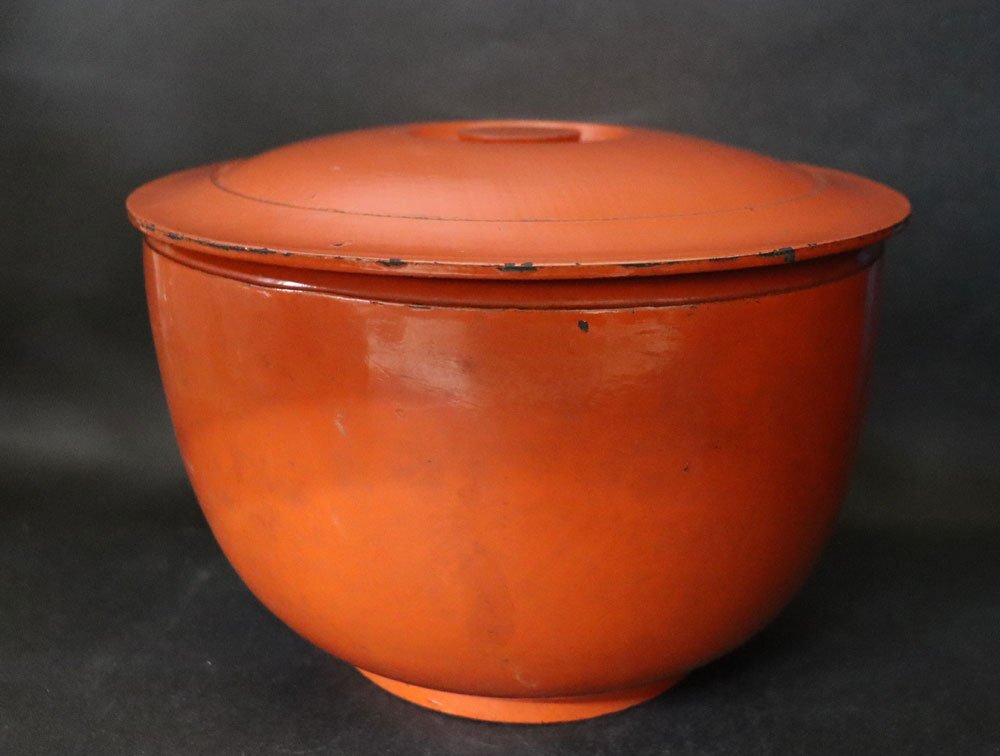 □W-4238□時代物 木製 御櫃 おひつ 漆塗 漆器 飯櫃 朱塗り剥げ