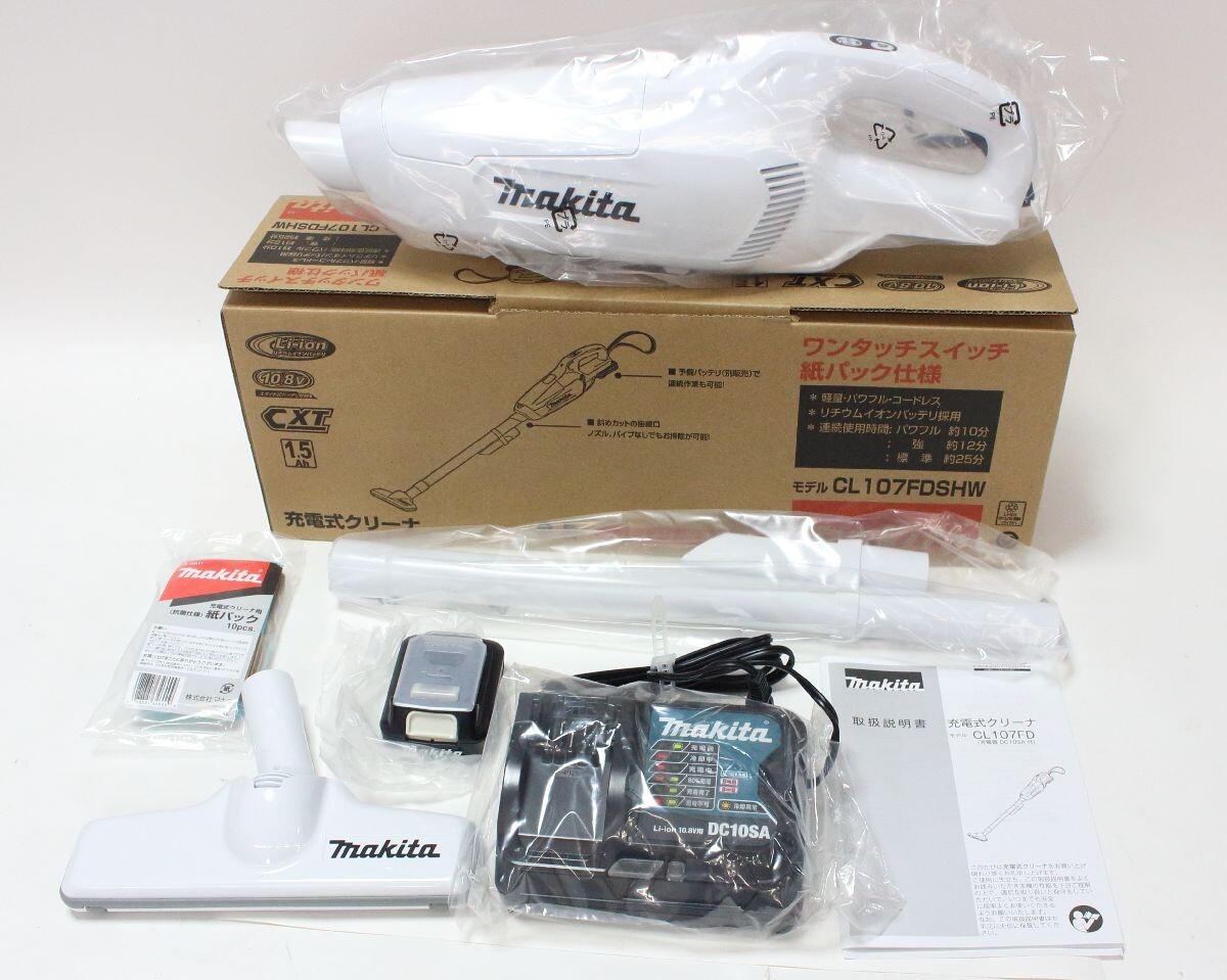 生活家電 makita充電式クリーナ10.8V紙パック式 CL107FDSHWバッテリ付き