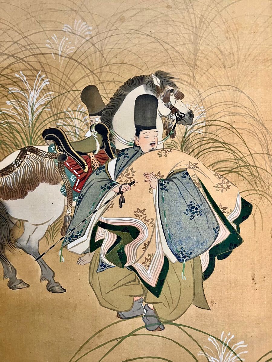 真作】【仙】磯田長秋「源仲国之図」絹本 肉筆 合箱 金泥 歴史人物画