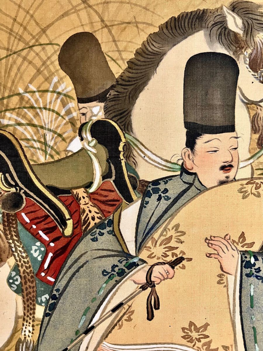真作】【仙】磯田長秋「源仲国之図」絹本 肉筆 合箱 金泥 歴史人物画