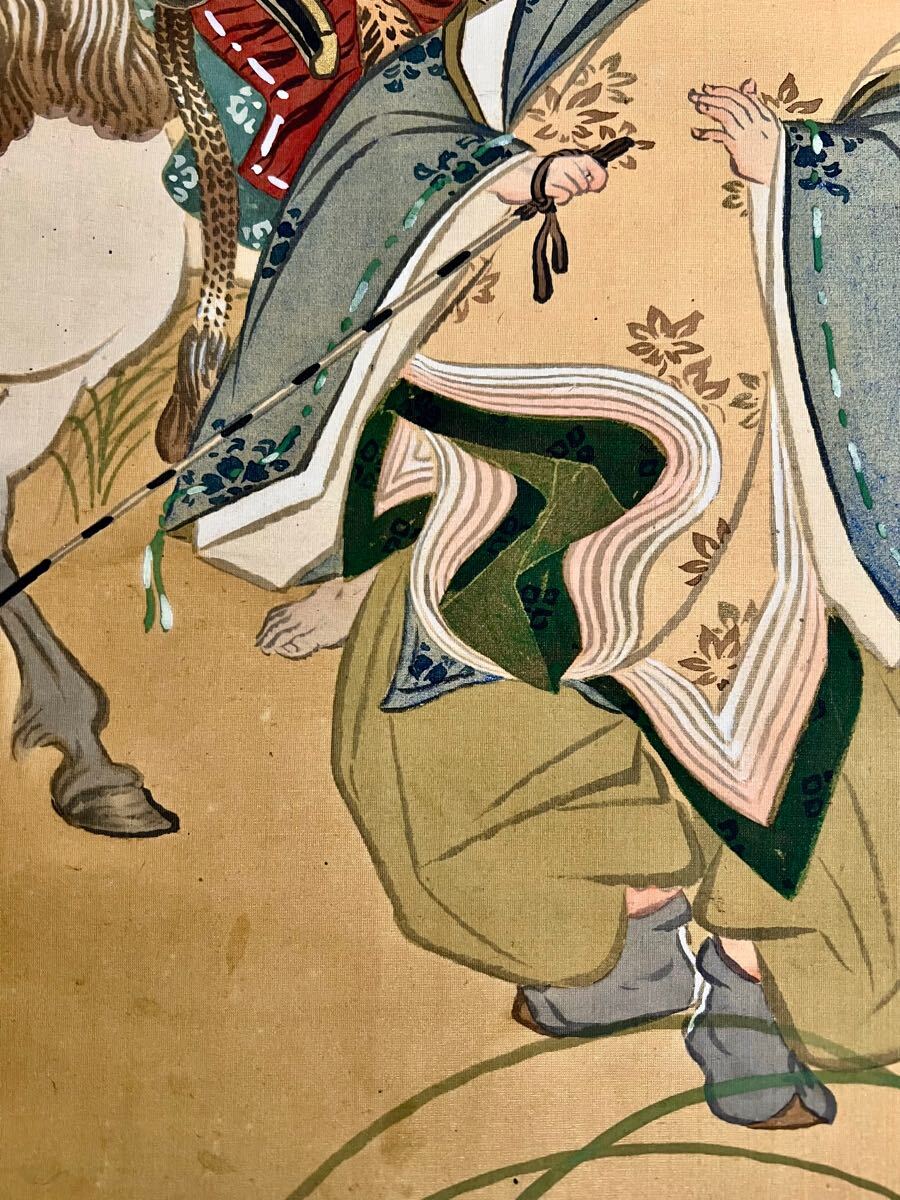 真作】【仙】磯田長秋「源仲国之図」絹本 肉筆 合箱 金泥 歴史人物画