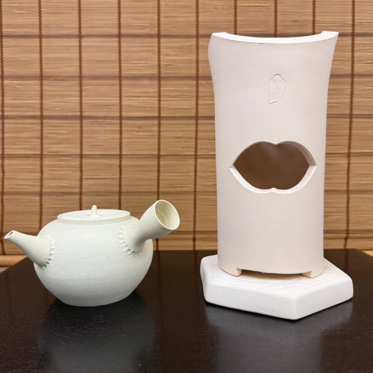 【名工】煎茶道具 白泥 涼炉・茶銚・涼炉台 3点セット 銘「春峰」京焼 骨董 名工】煎茶道具 白泥 涼炉・茶銚・涼炉台 3点セット 銘「春峰」京焼