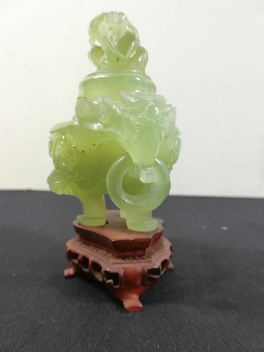 □得々□中国美術/翡翠/玉石/獅子蓋遊環付き唐木台/花器香炉/置物/唐物