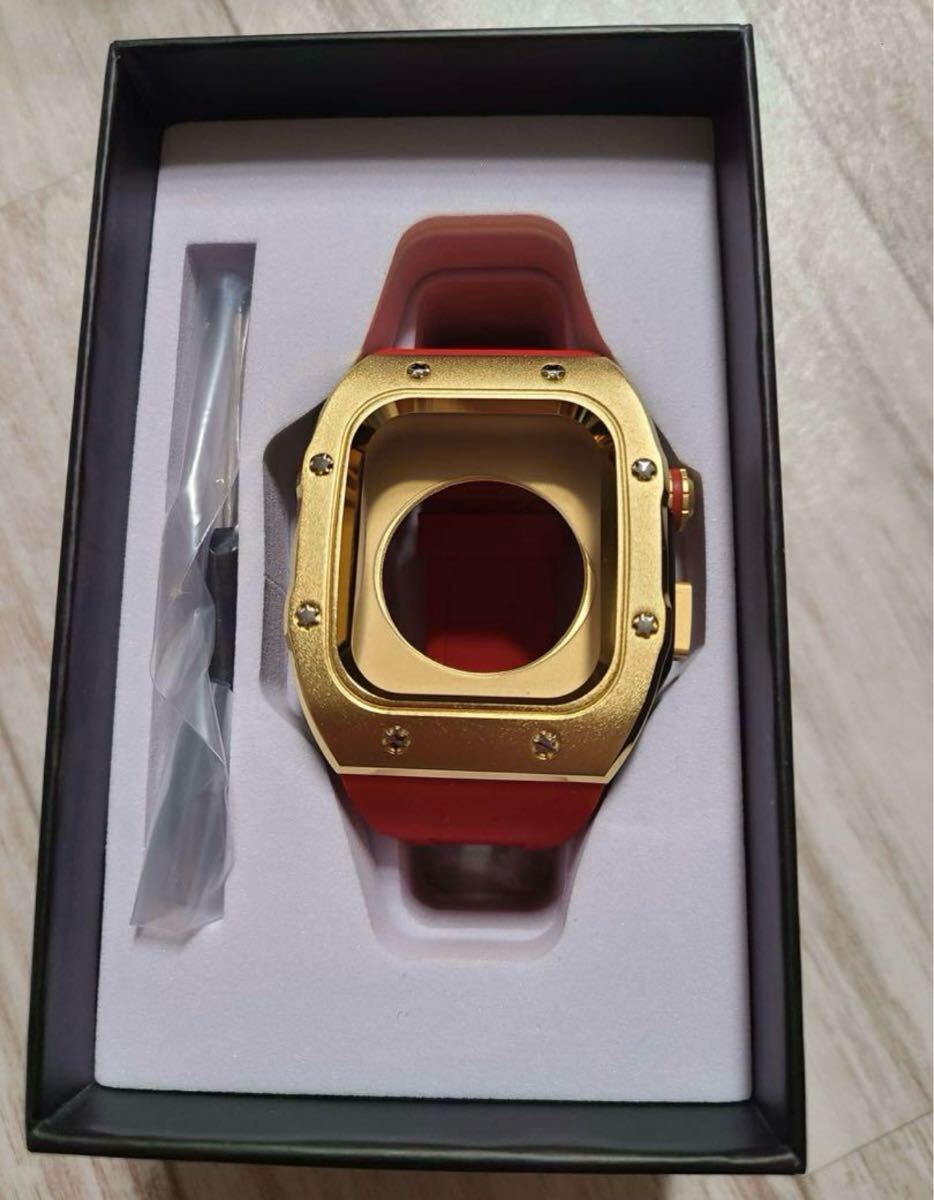 ★新品★ アップルウォッチケース 重厚感 apple watch 44mm カバー 腕時計ベルト apple watch ゴールド レッド_1