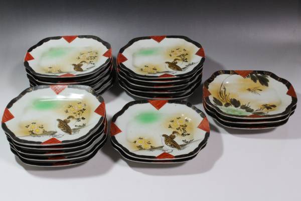 【文明館】九谷焼色絵角皿20客(明治時代)花鳥陶磁器古美術Q96