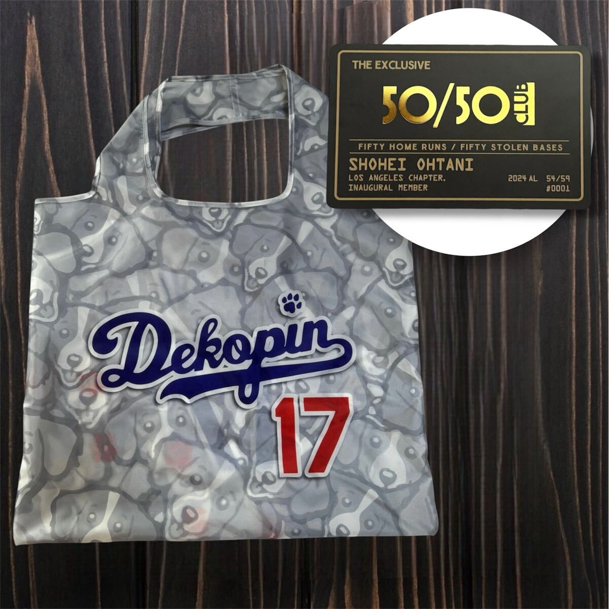非売品　大谷翔平　ロサンゼルス　ドジャース風　デコピン　サインプリントエコバッグ　白　改善バットデザイン 50/50CLUB会員証セット_1