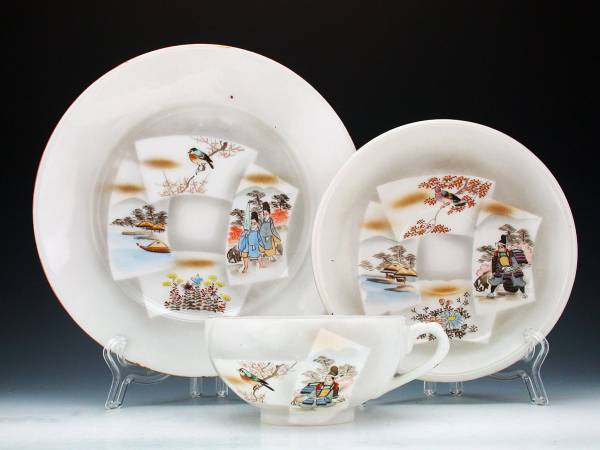 オールドニッポン・金彩扇面風物図卵殻手（エッグシェル）トリオ