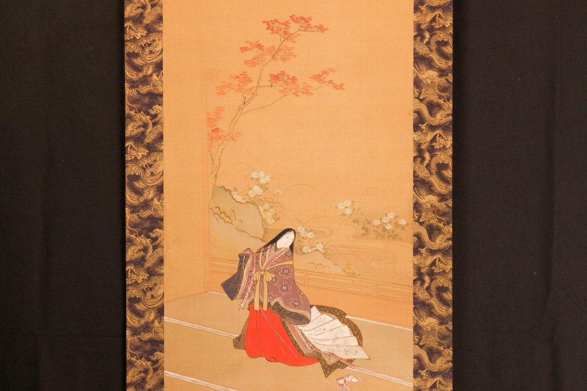 土佐光貞 『春秋』双幅 絹本 肉筆 落款 掛軸 木箱 本物保証(人物、菩薩
