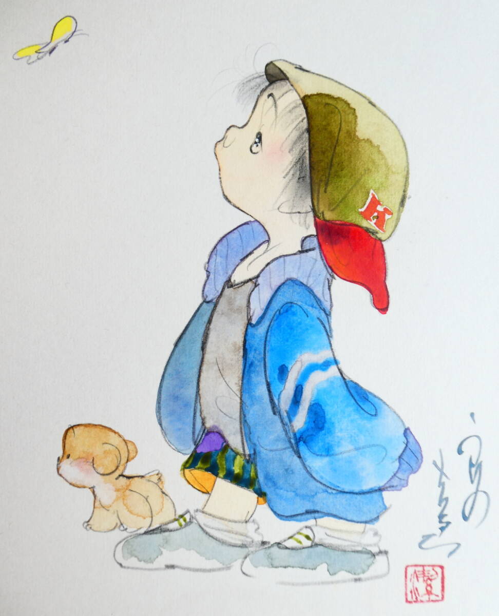 真作】□中島潔 うめ吉 肉筆水彩 イラスト 直筆サイン入り 色紙 額装