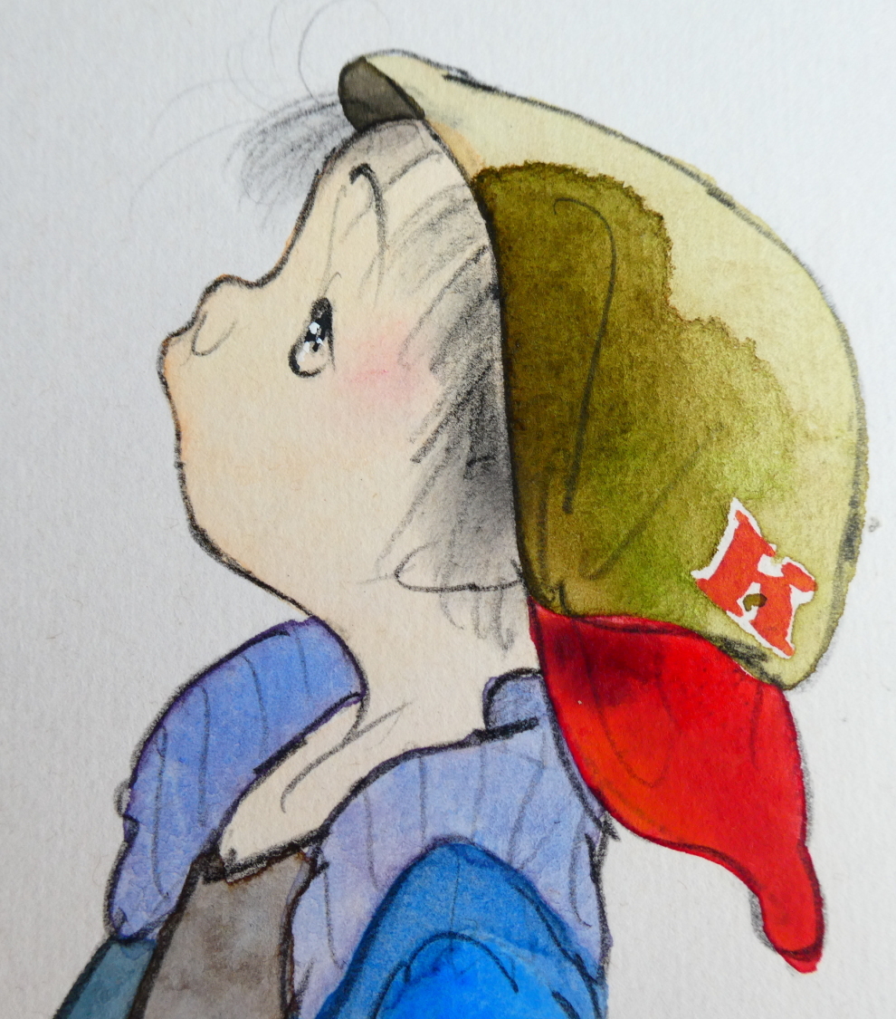 真作】□中島潔 うめ吉 肉筆水彩 イラスト 直筆サイン入り 色紙 額装