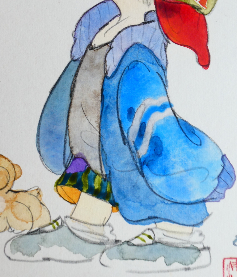 真作】□中島潔 うめ吉 肉筆水彩 イラスト 直筆サイン入り 色紙 額装