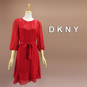 半額セール 新品 DKNY 6/11号 ダナキャラン 赤 シフォン ワンピース パーティドレス 長袖