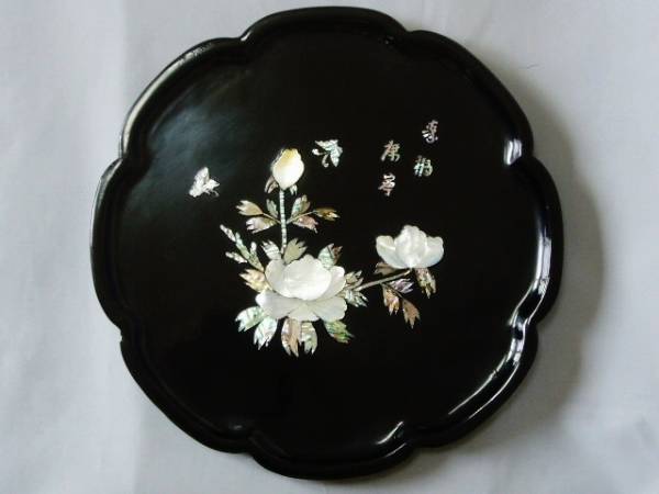 時代 螺鈿 木製 漆 盆 煎茶盆 古玩 中国美術 骨董 唐物 茶器 貝