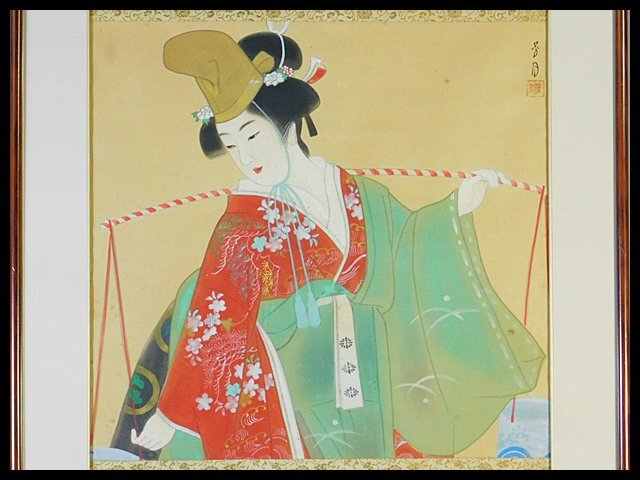 横尾芳月 舞妓 日本画 額装 美人画 F 横尾芳月 汐汲 美人画 日本画 絹本 額装 師 伊東深水 大正・昭和の日本
