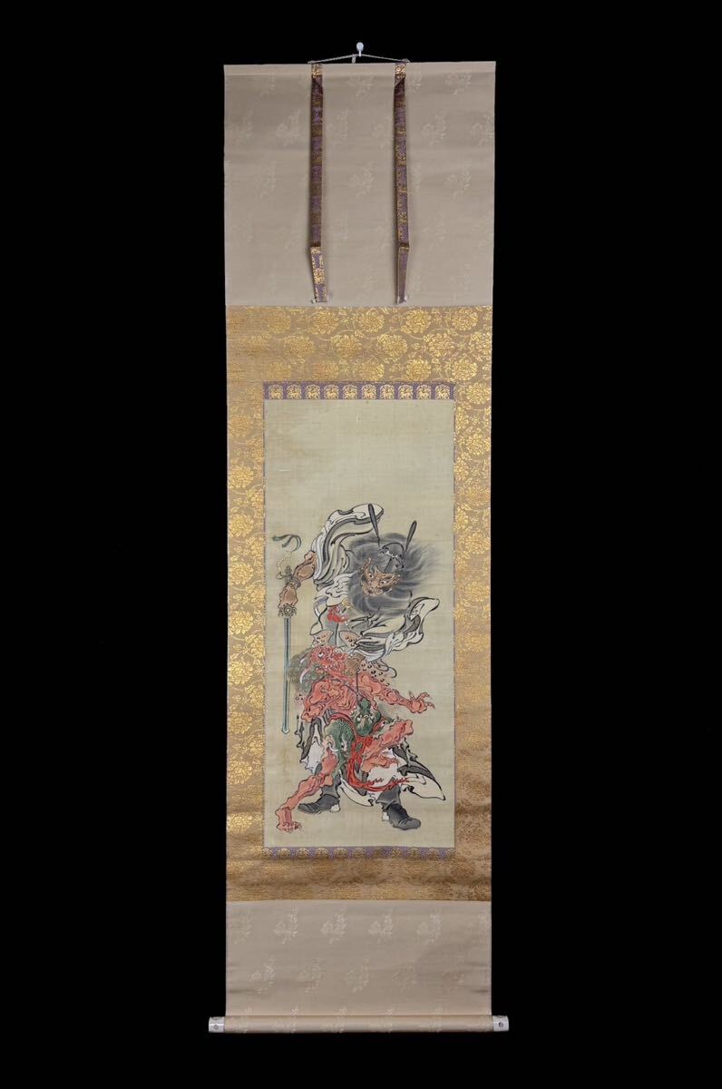 真作】 河鍋暁斎 鍾馗に鬼図 掛軸 絹本 肉筆 画鬼 惺々狂斎 妖怪 幽霊