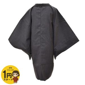 1円 羽織 男物 ウール 単衣 黒 青 羽織紐付 身丈95.5cm 同梱可 【着物ひととき】 51718