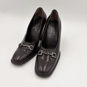 1円～　 GUCCI グッチ パンプス レザー ダークブラウン ヒール　ホースビット　ヒールロ