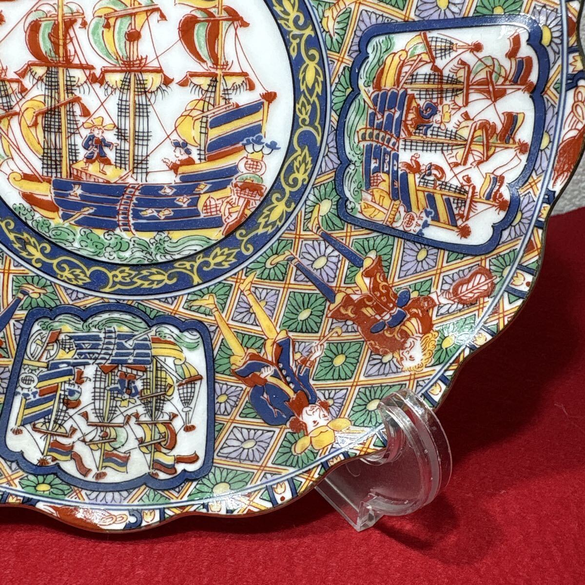 古伊万里写色絵金襴手南蛮船南蛮人図大皿在銘「陶扇」 南蛮船 古伊万里