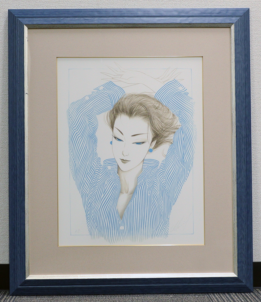 ◇鶴田一郎◇ブルーストライプシャツ◇版画◇ジクレー◇AP◇美人画◇CM