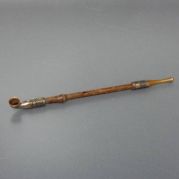 Y0337 金銀象嵌亀甲文 煙管 キセル 箱無 タバコ