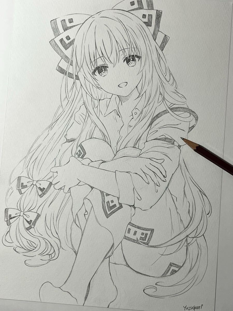イラスト 手描き 原画 東方 藤原妹紅 アナログ ラフ 鉛筆画 A4(手描き