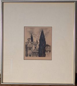 【真作】絵画　木村茂　銅版画　風景画　街並み　樹影　額装　洋館と糸杉　C44 木村茂 版画の値段と価格推移は？｜3件の売買データから木村茂 版画の
