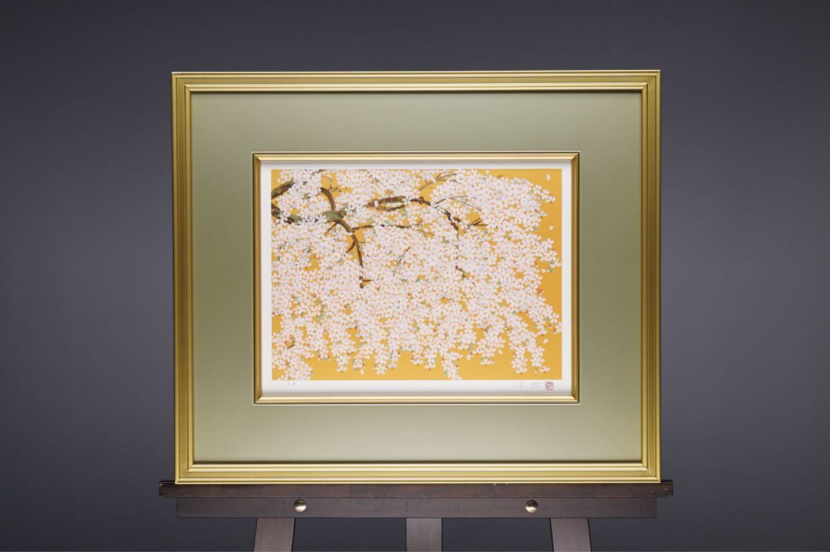 真作 中島千波「麗ら枝垂桜」シルクスクリーン 画寸(33cmx24cm) 本人