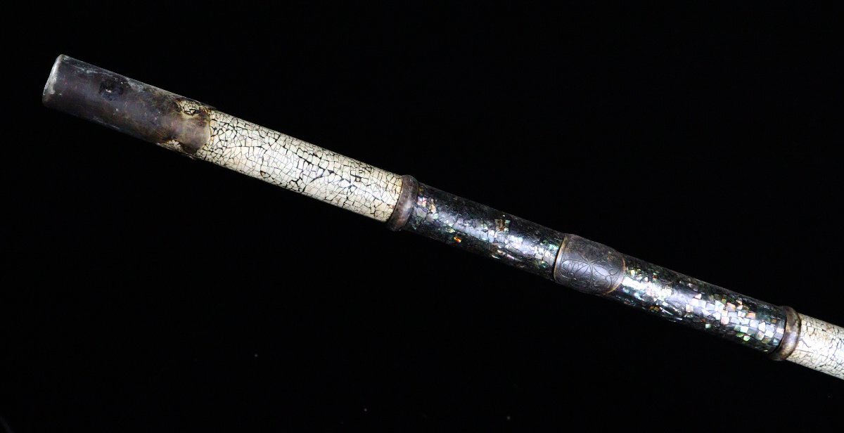 ASAHI】時代武具 槍用拵 螺鈿細工 唐草蒔絵 卵殻拵 全長202.5㎝ 石突き