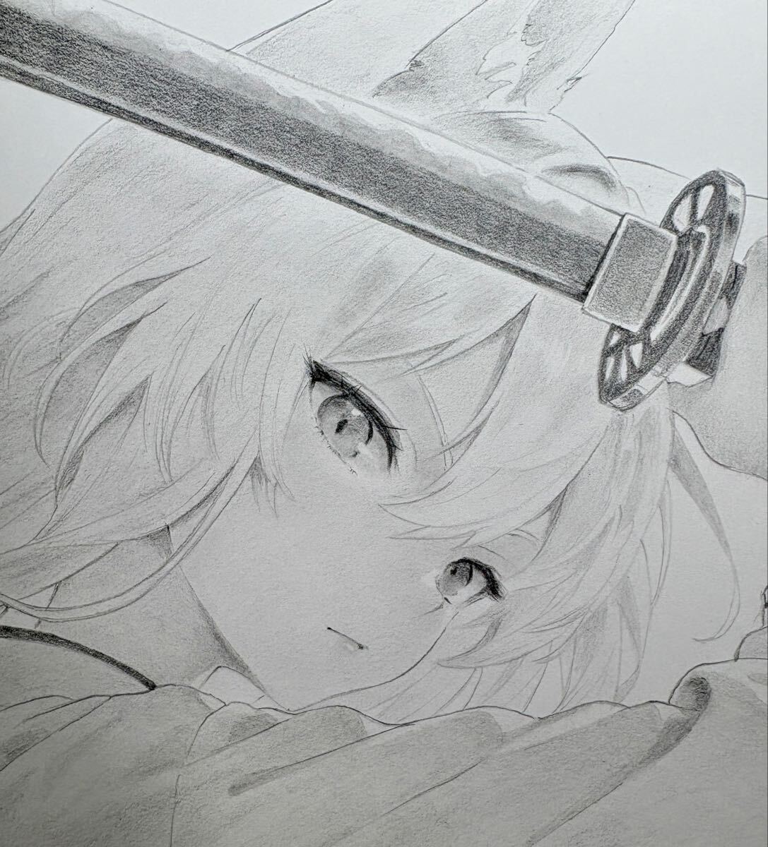 狐耳 巫女 剣士 手描きイラスト オリジナル 鉛筆画 アナログ A4 原画