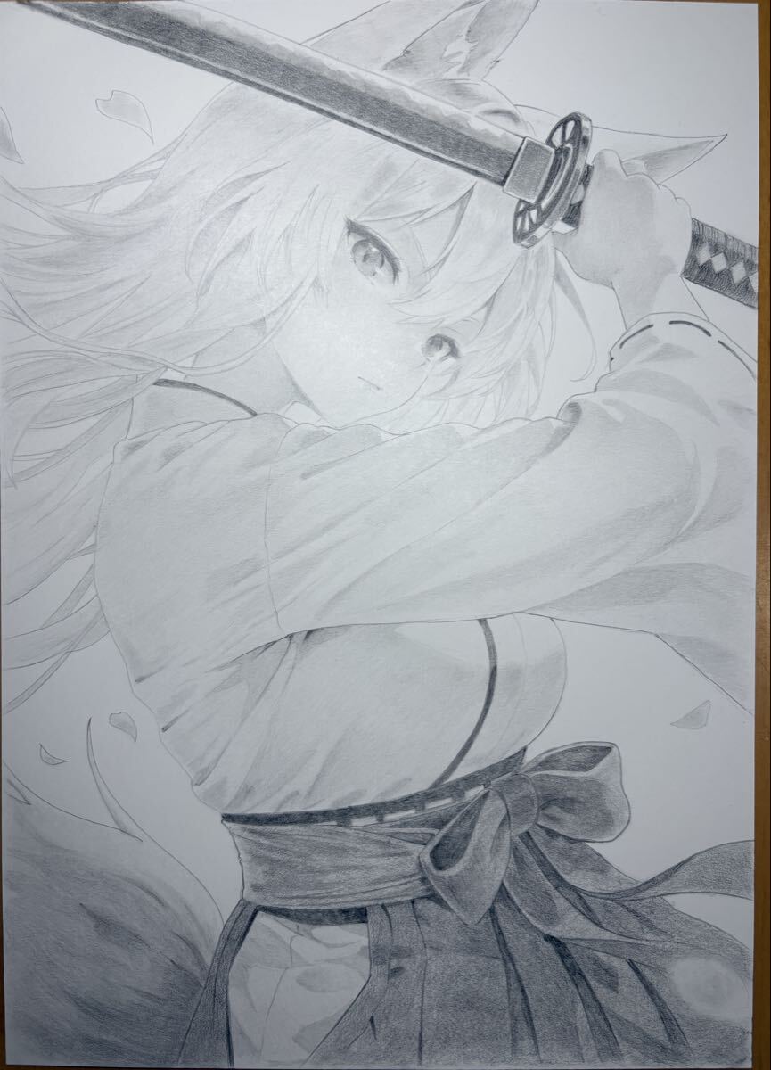 狐耳 巫女 剣士 手描きイラスト オリジナル 鉛筆画 アナログ A4 原画