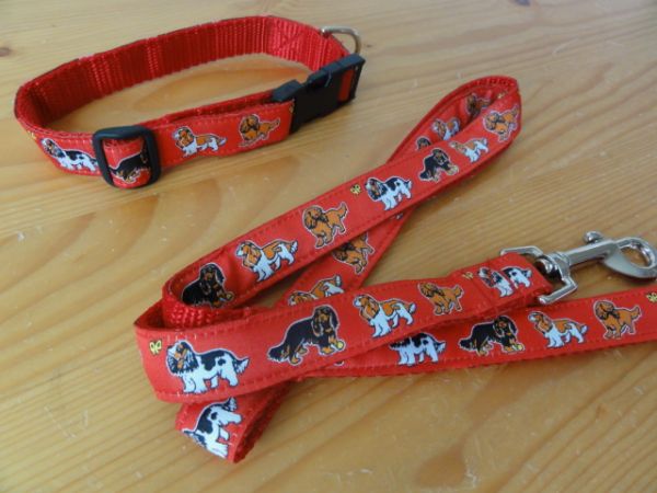 キャバリアキングチャールズスパニエル柄首輪＆リード★新品★R