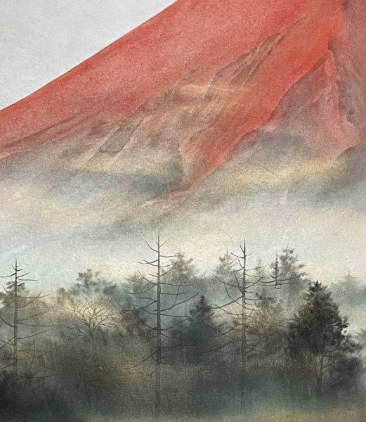 H26M04［真作］小林希光「赤富士」掛軸 紙本 山水図 肉筆／合箱 日本