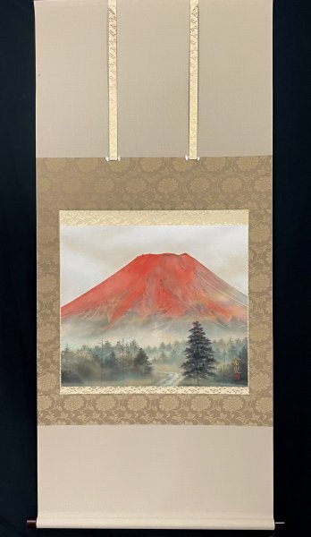 H26M04［真作］小林希光「赤富士」掛軸 紙本 山水図 肉筆／合箱 日本
