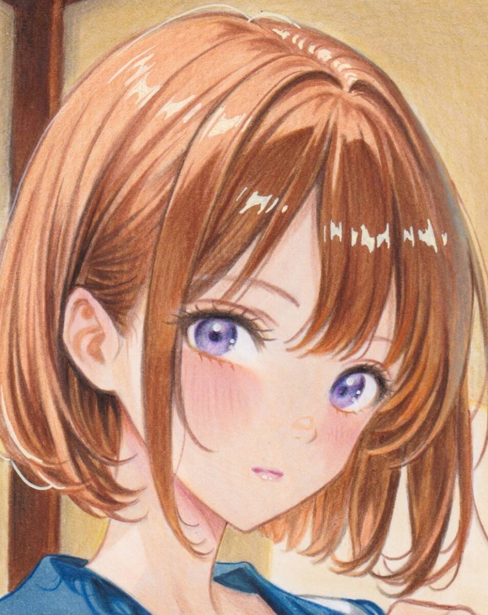 手描き オリジナル 制服 イラスト 茶髪 ショートヘアー 清楚 美女 美