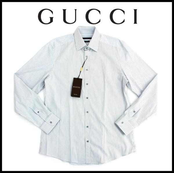 8万新品■38■GUCCIグッチブルー系ストライプシャツfitted