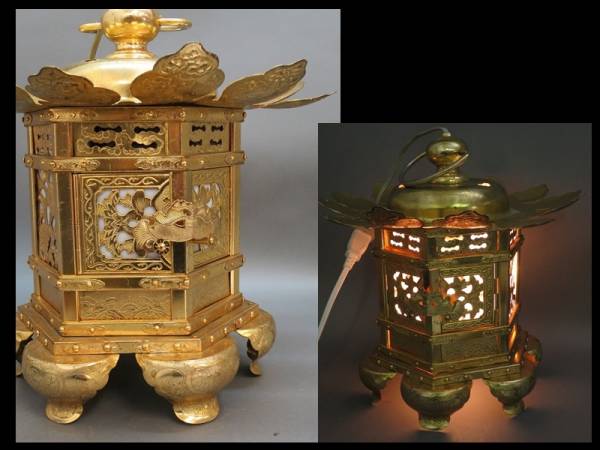 ★電気式 真鍮製 六角 吊灯篭 釣灯籠 寺院仏具 高32cm/m★F12262