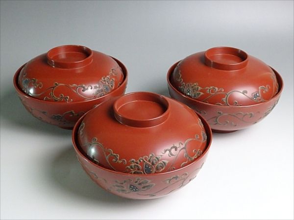 輪島塗 吸い物椀 鉄線 蒔絵 前田定治郎謹製 椀 蓋付 御椀 c163*輪島塗* 鉄線花沈金 吸物椀5客揃/未使用