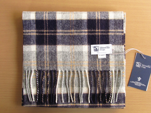 新品ジョンストンズ英国製ラムウールチェック マフラーSILVER BA