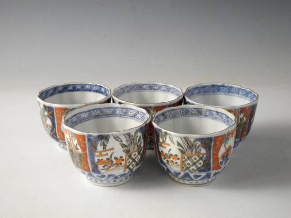 ◆栄◆古伊万里 色絵 花草 蕎麦猪口 5客 無傷完品 江戸後期 57a