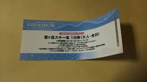 鷲ヶ岳スキー場　リフト１日券(全日・ナイター利用可) 2枚セット