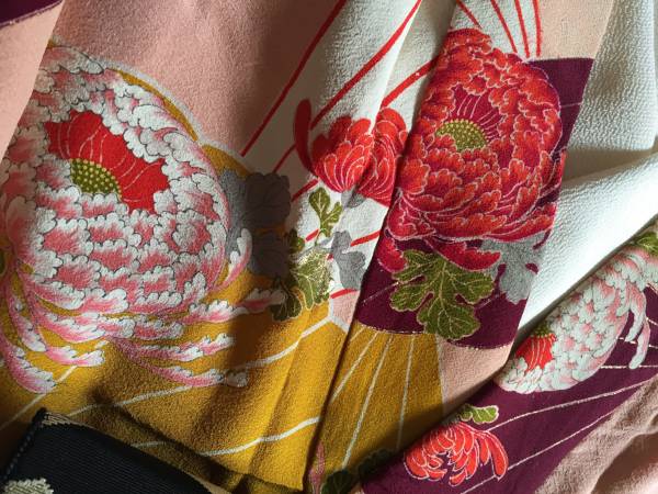 花菊扇　しつけ付　ロング中振袖　大正浪漫アンティーク