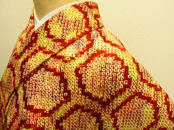 ★着物10★ 1円 絹 総絞り 亀甲 袷小紋 ☆☆